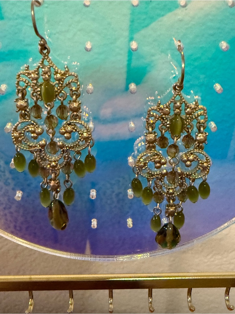 Liz Claiborne Dangle Green Crystal Chandelier Earrings - Picture 7 of 12
